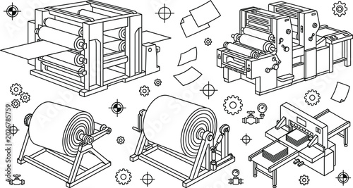 Fotografija Industrial Printing Press Machinery Vector Icon Set Featuring Offset Printers, L
