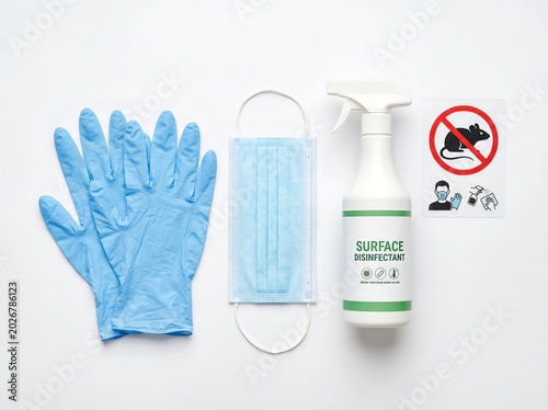 Blue latex gloves surgical face mask and surface disinfectant spray for health protection