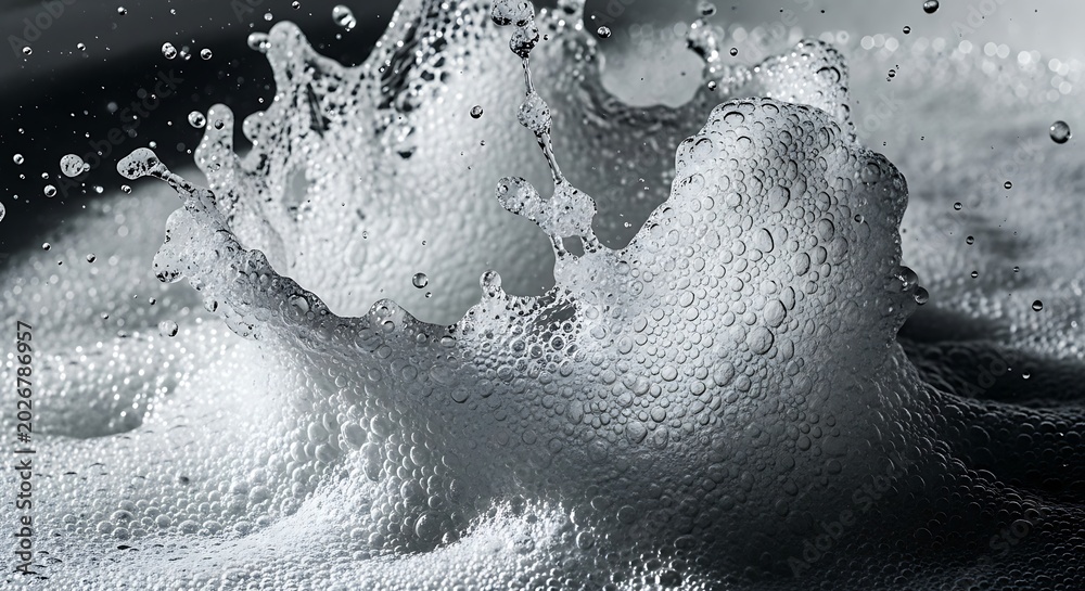 Fototapeta premium Dynamic White Soap Foam Splashing on Dark Wet Surface