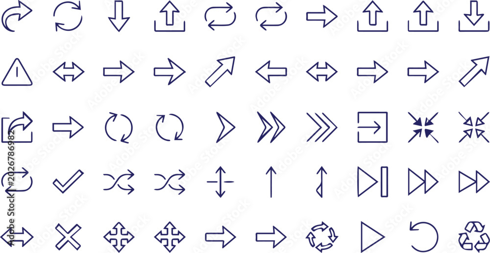 Fototapeta premium Blue Outline Arrow Icon Set Direction Refresh Rotate Upload Download Share Expand Shuffle Repeat Navigation Symbol Vector Line Collection Isolated White Background Design