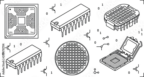 Microchip and Semiconductor Manufacturing Vector Line Icon Set Featuring CPU Processor, Silicon Wafer, Integrated Circuits, Transistors, and Socket for Hardware Engineering Designs