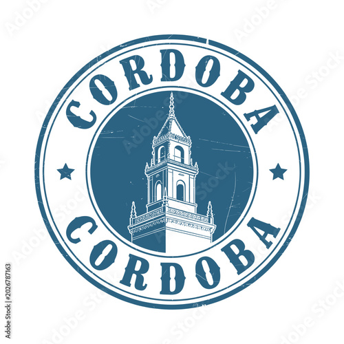 Fotografie Cordoba stamp with tower illustration vintage style on white background