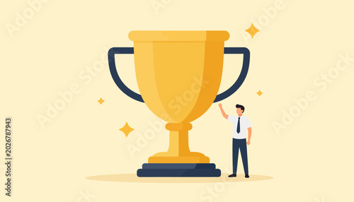 Photography Ambitious professional stands triumphant beside a gleaming golden trophy, celebr