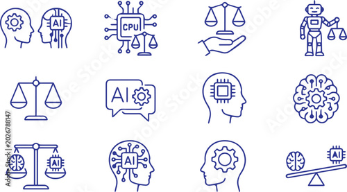 Schilderij op canvas Outline AI Ethics Icon Set Artificial Intelligence Justice Scale Robot Brain CPU