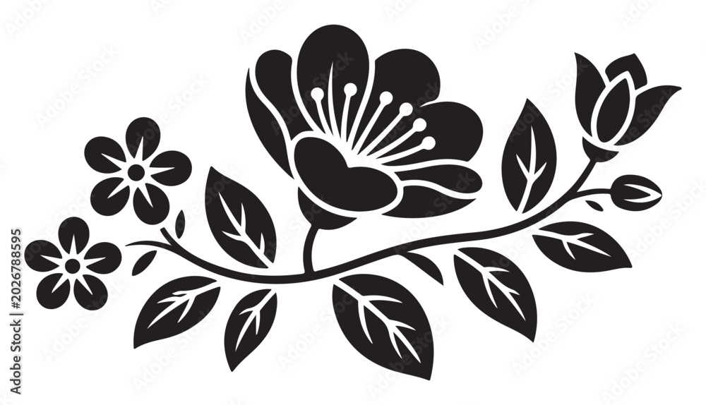 Obraz premium Black and white floral branch illustration with elegant blooming flowers and detailed leaves for decorative design elements and creative artistic projects