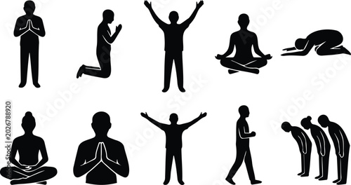 Photography Prayer Meditation Silhouette Set Black Vector Icons Yoga Muslim Worship Spiritua