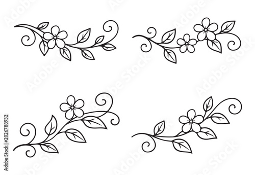 Quadro su tela Set of hand drawn floral flourishes with small flowers and leaves for decorative