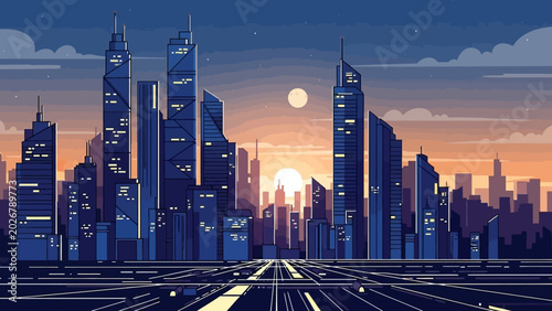 Futuristic Cityscape at Sunset with Tall Buildings and Geometric Patterns.