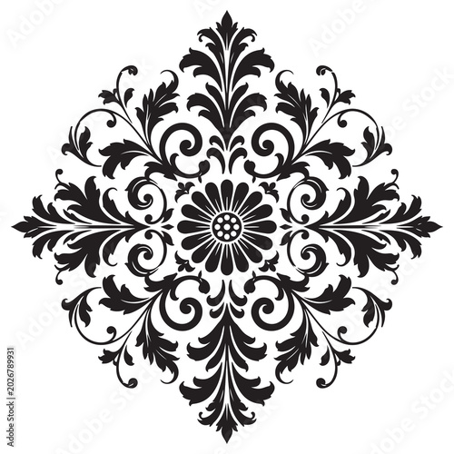 Black and white floral damask pattern ornament with vintage symmetrical leaves and flower design for luxury decoration and elegant textile wallpaper print