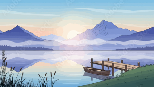 Wooden dock with a small boat on a calm lake at sunrise.