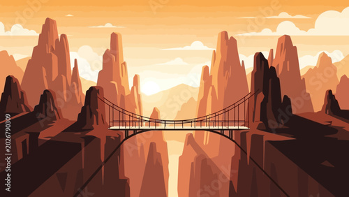 Suspension Bridge Spanning a Canyon River at Sunset.