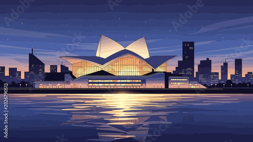 Foto Illuminated modern architectural marvel with shell like roofs at night