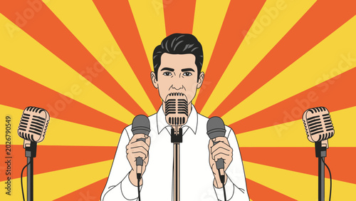 Photos Man holding microphones ready to speak on stage for performance.