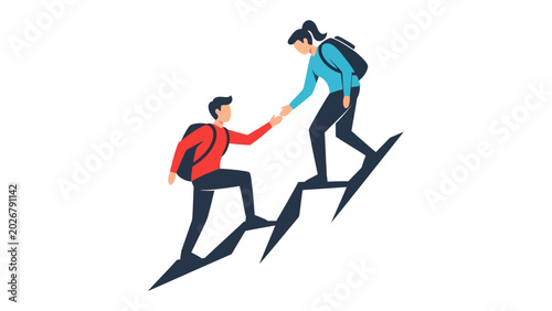 Foto Helping Hand on the Peak: Two hikers, a man and a woman, ascend a treacherous mountain path, with one extending a hand to assist the other, symbolizing mutual support and determination