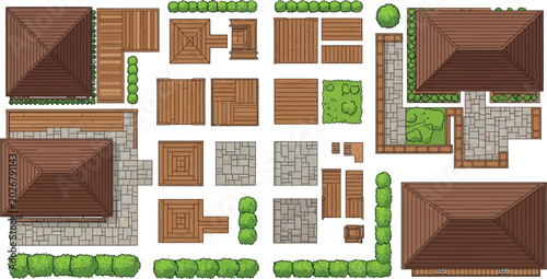 Top view architectural landscape elements set with house roofs wooden decks stone patios and green garden hedges vector illustration
