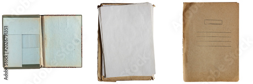 Canvas-taulu Three vintage paper objects: an open album with blank pages, a stack of papers, and a closed notebook, isolated on transparent background