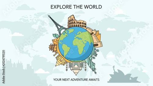 Photos Colorful Globe Surrounded by Famous World Landmarks for Travel and Adventure