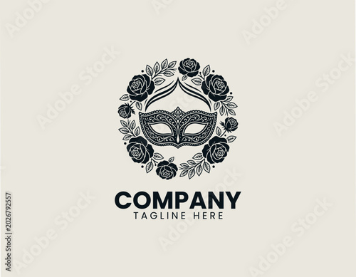 Venetian Mask Rose Floral Elegant Black Vector Logo Luxury Feminine Carnival Design