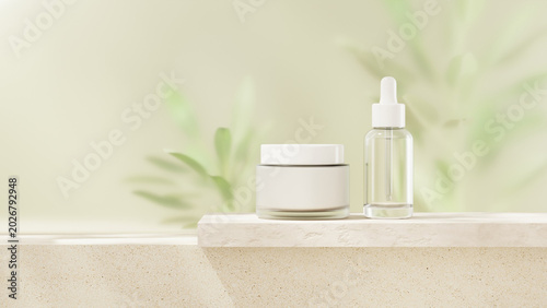 Cosmetic beauty display with cream jar and serum bottle on clean podium in botanical studio setup.