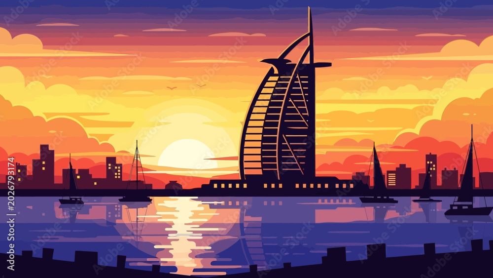 Obraz premium Iconic Burj Al Arab Silhouette at Sunset over Dubais Waters.