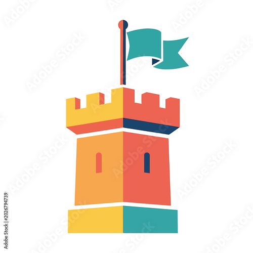 Quadro su tela Colorful castle tower with flag.