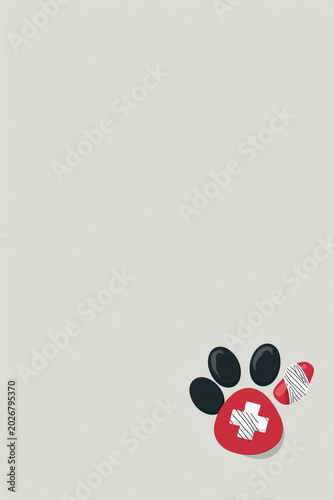 Black and Red Dog Paw with White Cross Bandage and Wrapped Toe on Light Gray Background