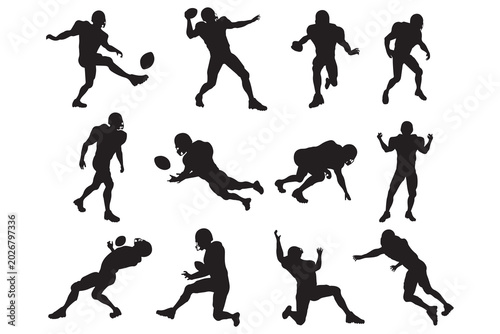 Fotografi Diverse silhouetted football players in action poses, depicting kicking, running