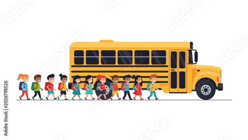 School Bus Adventure: A vibrant yellow school bus awaits a line of diverse schoolchildren, including one in a wheelchair, ready for a day of learning and friendship.