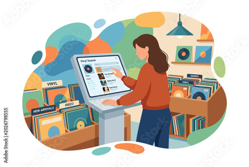 Woman Using Digital Search Kiosk in a Vinyl Record Store