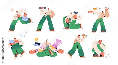 Employee time management set. Business man is rushing, sends letter, works and relaxes, takes notes and sad for fail. Office worker is late and hurry up. Flat isolated vector illustrations on white