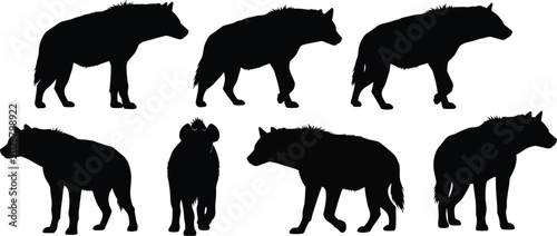 Fotografi Spotted hyena wild animal black silhouette vector set with various scavenger pre