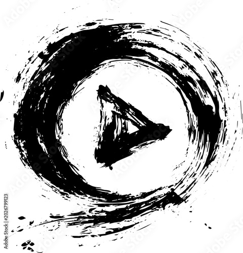 Black Grunge Play Button Icon with Hand Drawn Ink Brush Circle Swirl Vector