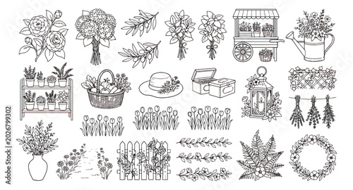 Bild auf Leinwand Intricate garden coloring page vector, detailed greenhouse and potting shed illu
