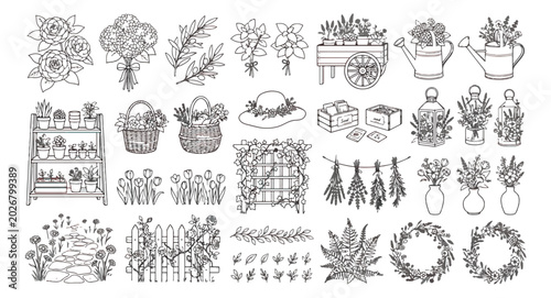 Canvastavla Intricate garden coloring page vector, detailed greenhouse and potting shed illu