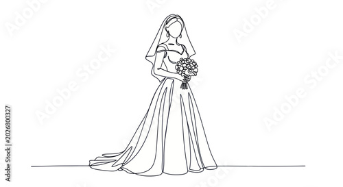 Minimalist bride wedding dress one line drawing, holding bouquet, elegant bridal veil