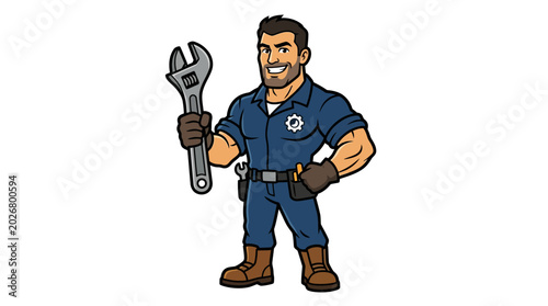Cartoon man holding large wrench tool.