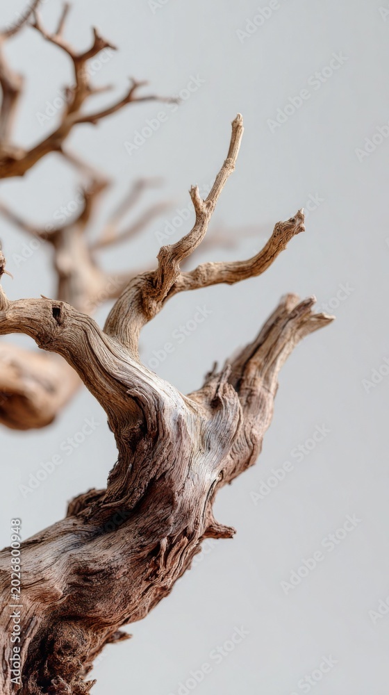 Fototapeta premium Close-up of intricate, textured driftwood with natural curves and branches.