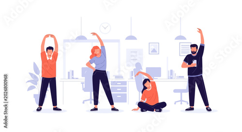 Office Fitness Break: Diverse People Stretching for Wellness
