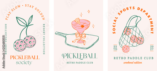 Pickleball club poster set with retro paddles, cherry shaped pickle balls and cocktails. Summer fun pickle ball vintage vector illustrations