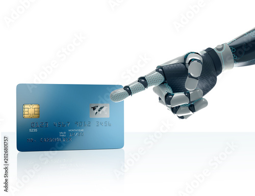 Fotografía Futuristic studio shot of a high-tech robotic cyborg hand pointing its finger directly at a generic blue credit card