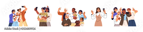 Happy people are taking selfies. Families with kids, couples, and friends do joint photos. Men and women do photographs by phone together. Flat isolated vector illustrations on white background