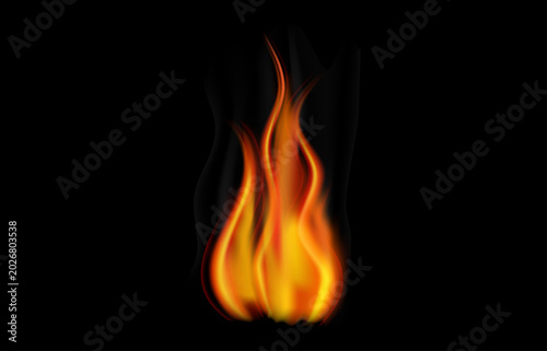 Fotografie Realistic burning fire flame with intense orange and red blazing tongues isolated on black background