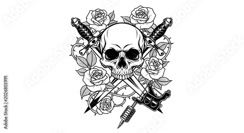 Tableau sur toile Skull, Roses, Daggers and Tattoo Machine Illustration