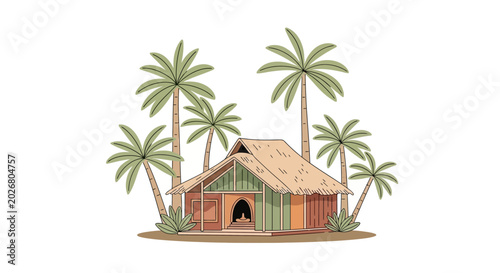 Schilderij op canvas Colorful tropical hut with palm trees.