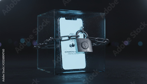 Glowing smartphone locked inside transparent glass safe box with metal padlock