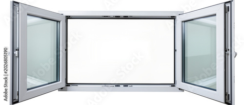 Fotografía Open modern white casement window with clear glass panes, isolated on transparen