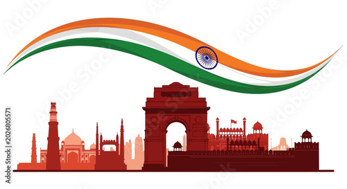 Delhi Skyline Silhouette with Indian Flag Wave