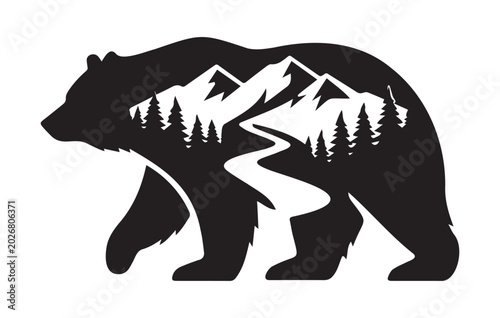 Walking grizzly bear wilderness concept with negative space mountain and river silhouette vector