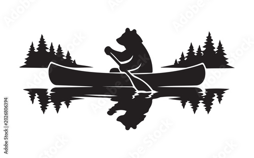 Bear paddling canoe on calm lake nature silhouette vector on white background