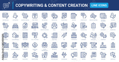 Copywriting, Content Creation, and Digital Marketing Line Icon Set.